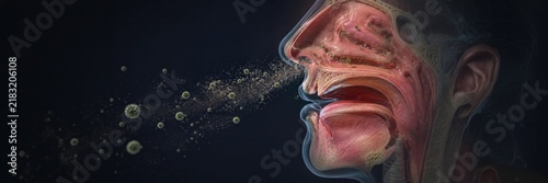 Airborne allergens entering human nose and airway, seasonal allergy concept for respiratory healthcare