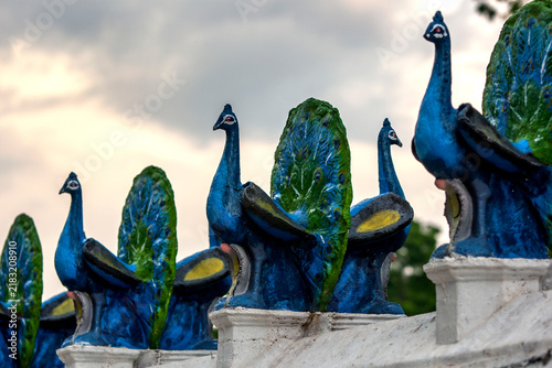 A row of peacock statues line the main courtyard at the Kataragama temple at Kataragama in  Sri Lanka. The peacocks symbolize the devine consort of Lord Murugan; who was Valli. 