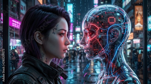 Woman Facing Cyborg Head in Cyberpunk City Illustration