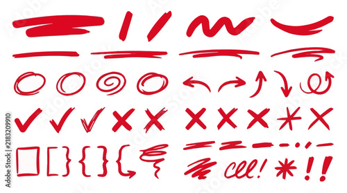 Red hand drawn marker correction and annotation vector elements with underlines arrows and highlights