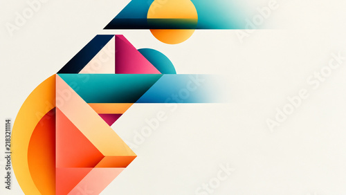 AI generated geometric abstract background layered triangles circles gradient shapes teal orange pink navy clean white copy space for modern creative design