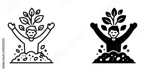 Growth Mindset Icon Set, Personal Development Vector Art, Human Potential Symbol, Blooming Ideas, New Beginnings, Success Concepts, Black and White Icons