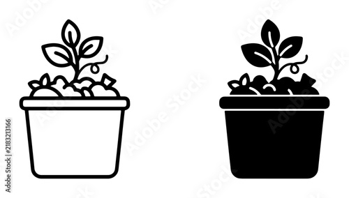 Plant in Pot Icons, Seedling Growth Vector Graphics, Organic Gardening Symbols, Black and White Outline and Silhouette