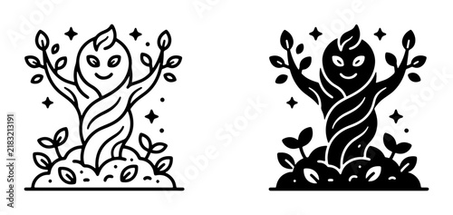 Whimsical Tree Spirit Vector Icon, Cute Sprout Character Illustration, Nature Mascot Design, Organic Growth Symbol, Black and White Outline and Silhouette Set