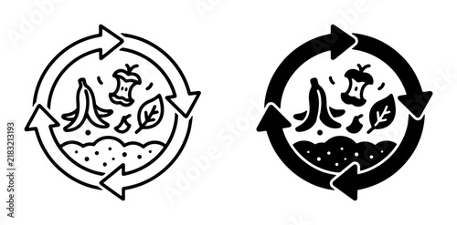 Composting Icons Set: Organic Waste Recycling Symbols, Food Scraps Cycle, Eco-friendly Process, Sustainable Living, Circular Economy, Biodegradable Materials, Environmental Protection