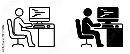 Programmer at Desk Icon Set, Coding Computer User Silhouette, Developer Workspace Vector Graphics