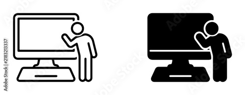 Computer Interaction Icons, Person Presenting Digital Screen, Technology Education, User Interface Design, Black and White Vector Graphics