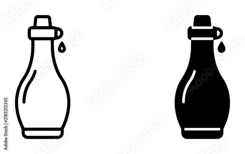 Two Simple Vector Icons: Outline and Solid Fill Bottle with Droplet, Representing Liquids, Oils, or Sauces for Culinary and Health Applications