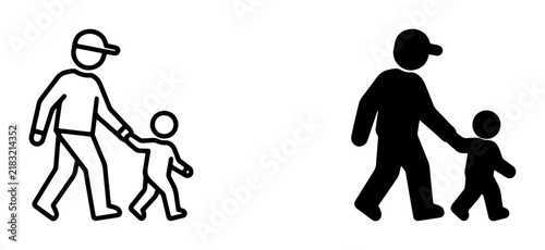 Parent and Child Walking Together, Silhouette and Outline Icons, Family Connection and Guidance Symbol