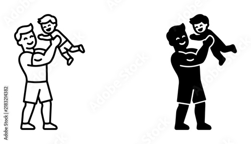Father and Child Playful Interaction, Dad Lifting Son Up High, Simple Line Art and Silhouette Vector Icons, Family Bonding Moments