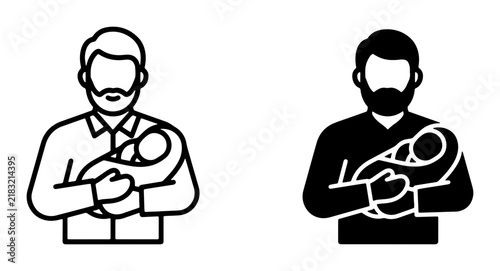 Father Holding Baby Icons, Parental Care Vector Graphics, Newborn Child Embrace Symbols, Simple Line Art and Silhouette Styles