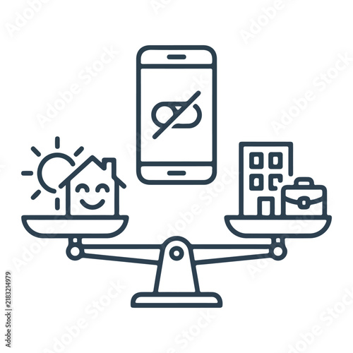 Conceptual line art illustration of work-life balance featuring a scale with home and office icons and a disconnected smartphone