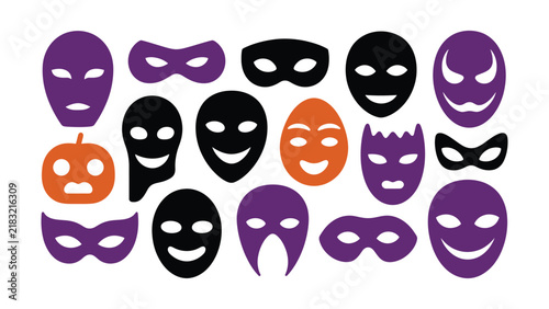 Set of various colorful halloween masquerade masks and pumpkin head icons