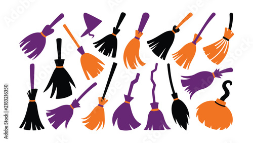 Set of various decorative witch broomstick icons for Halloween holiday design elements