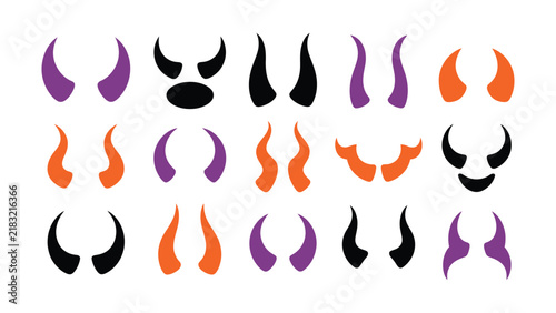 Set of various devil horn icons isolated on white background for halloween designs