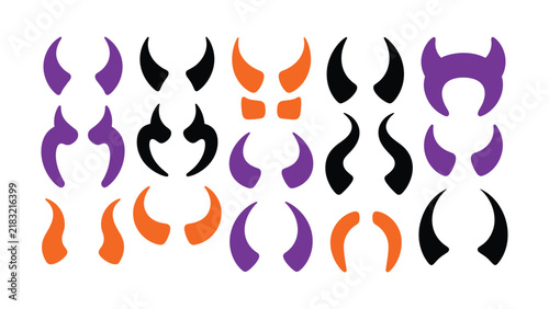 Set of various devil horns silhouettes in orange purple and black colors for halloween designs