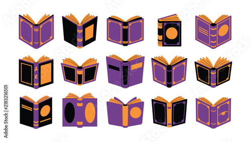 Set of various open and closed vintage books in purple and orange flat vector style design