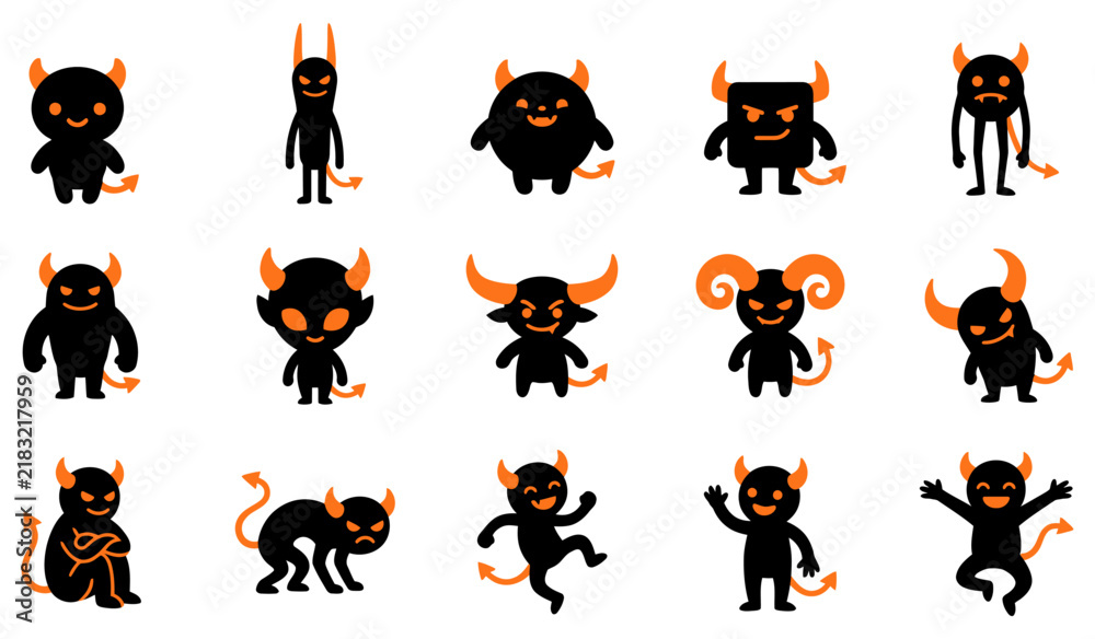 Obraz premium A collection of various halloween devil vector silhouette characters featuring different poses and expressions for creative holiday design projects