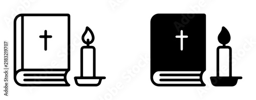 Bible and Candle Icons, Religious Symbols, Faith and Spirituality Vector Graphics, Christian Worship and Prayer Elements