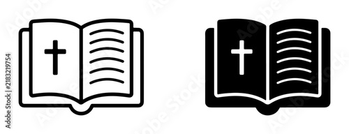 Bible Icons, Christian Cross Symbol, Open Holy Book Vector Graphics, Religious Scripture Symbols