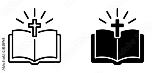 Christianity Symbols, Open Bible with Cross and Light Rays, Religious Iconography, Faith and Spirituality Concepts, Black and White Vector Graphics