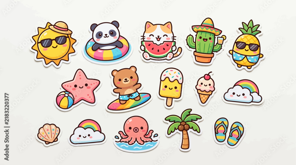 Fototapeta premium Cute kawaii summer stickers collection with adorable animals, sun, pineapple, and tropical icons for fun designs
