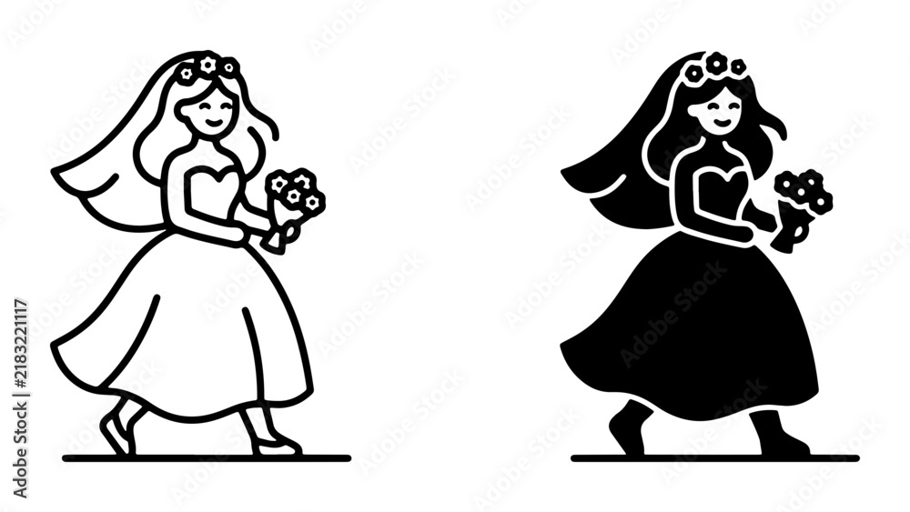 Fototapeta premium Bride Vector Icons, Wedding Celebration Bride Silhouette, Bridal Bouquet Bride Line Art, Marriage Ceremony Bride Graphics