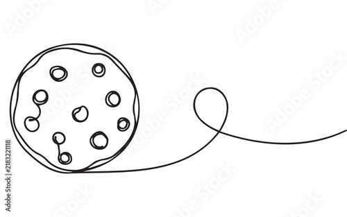Continuous single line drawing of a chocolate chip cookie with a creative swirling tail in a minimalist style