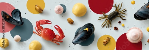 A vibrant seafood arrangement features crab, mussels, and lemons on a colorful abstract background. This fresh gourmet display highlights marine cuisine and shellfish variety.