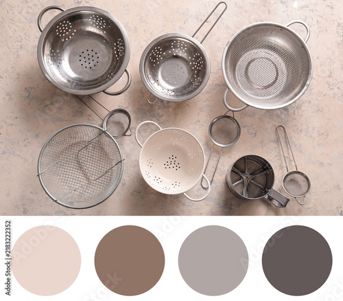 Canvastavla Culinary preparation and kitchen organization, collection of metal colanders and