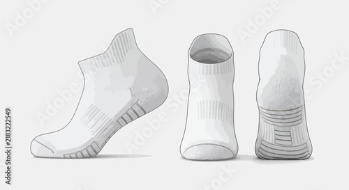 Vector illustration of white athletic ankle socks in three views side, front, and back. Perfect for sportswear design, textile mockups, and apparel branding
