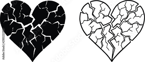 Cuadro en lienzo Broken heart silhouette and outline line art vector icon set symbolizing heartbr