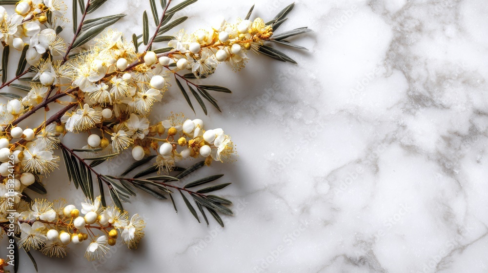 Obraz premium Acacia blossom over white marble background, delicate spring flowers with elegant botanical branches, soft floral texture, minimal luxury nature design, fresh seasonal floral decoration, light neutral