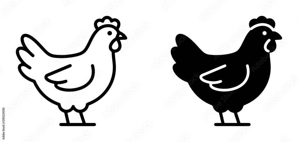 Fototapeta premium Chicken Icons, Line Art and Silhouette Vector Graphics, Farm Animal Symbols for Poultry and Agriculture Concepts