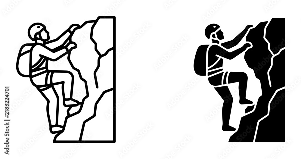 Fototapeta premium Rock Climbing Icons, Mountain Adventure Vector Graphics, Extreme Sports Silhouette, Outdoor Activity Symbols, Alpine Ascent Illustration