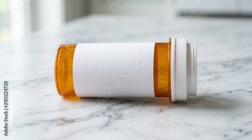 Amber prescription pill bottle lying on a white marble countertop with a blank white label