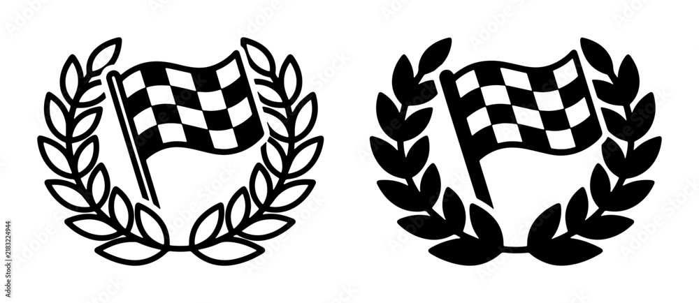 Obraz premium Racing Flag Laurel Wreath Icons, Victory Symbol Vector Set, Motorsport Achievement Emblem Graphics, Black and White Competition Award Design