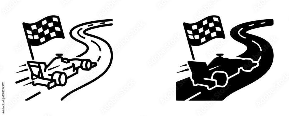 Obraz premium Racing Car Victory, Checkered Flag Finish Line, Speeding Formula One Vehicle on Winding Track, Sports Competition Vector Icon Set