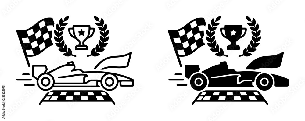 Obraz premium Formula 1 Racing Icons: Speeding Car, Checkered Flag, Trophy, Laurel Wreath, Two Styles - Outline and Silhouette Vector Graphics for Motorsport and Competition Themes