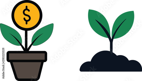 Potted plant with dollar coin and sprout growing in soil