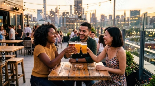 Diverse Group Of Friends Enjoying Craft Beer At A Trendy Rooftop Bar During Sunset With Stunning City Skyline Views In The Background
