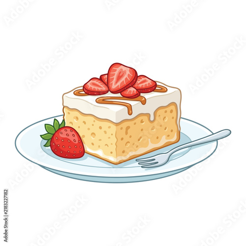 Vector illustration of a slice of Tres Leches cake with white frosting, caramel drizzle, and fresh strawberry slices on a plate with a fork isolated on white background.
