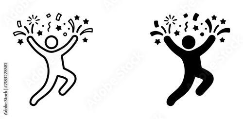 Bild auf Leinwand Celebration Icons, Joyful Person with Confetti and Stars, Success and Achievemen