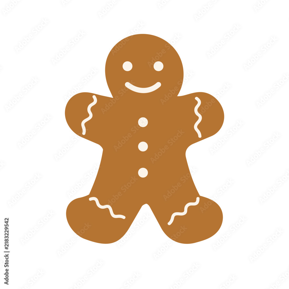 Obraz premium Gingerbread man cookie vector illustration. Flat cartoon festive sweet pastry biscuit with white icing, winter holiday treat isolated design element