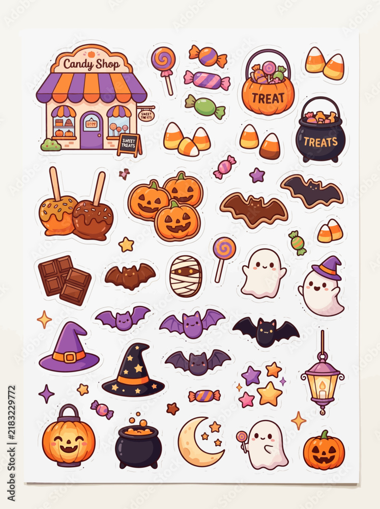 Fototapeta premium Cute helloween sticker sheet elements set with cartoon pumpkins ghosts bats candy corn and witch hat