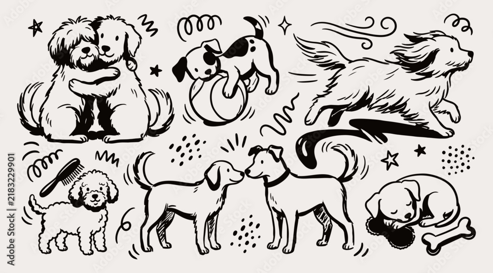 Fototapeta premium Cute dogs friendship doodle set puppies hugging running in wind and sniffing noses