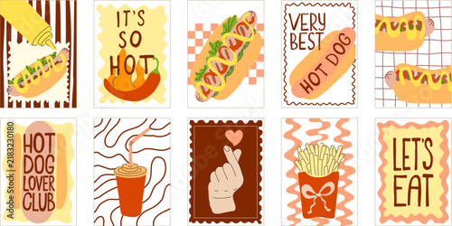 A collection of fast food posters with hot dogs inspired by Matisse. Smooth lines, organic shapes, and rich, pleasant colors make these posters ideal for decorating a cafe, diner, or food track