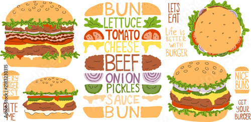 Set of hand drawn lettering with hamburgers ingredients. Bite me. Life is better with burger. Nice buns. Get your burger. Lets eat. Very best burger. Cartoon banner for cafe design.