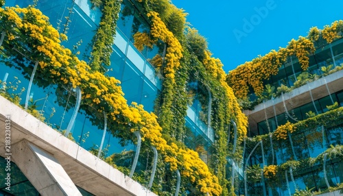 Green walls with yellow flowers at modern building under blue sky in urban area