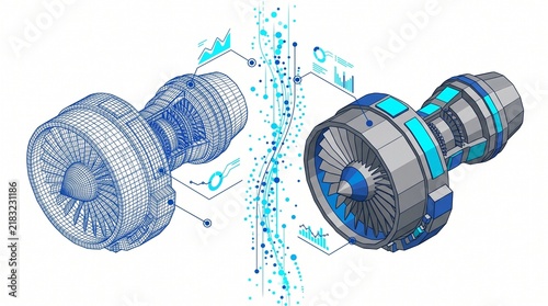 Isometric jet engine turbine with 3D model wireframe and technical data analysis